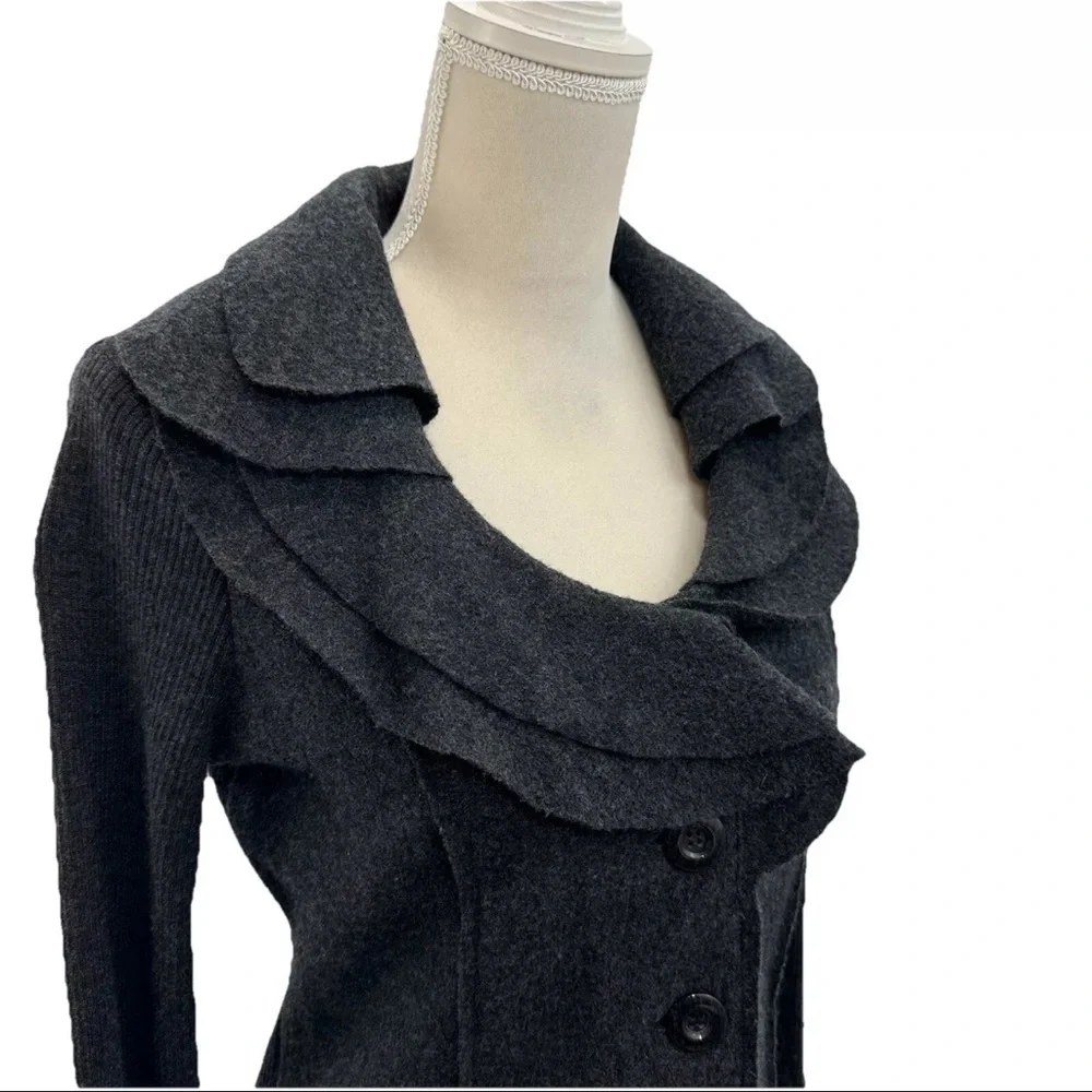 Alfani 100% Wool Black Jacket Triple Layer Collar Button Up Petite Small EUC